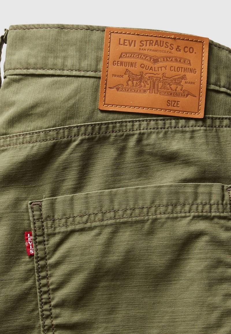 Shorts di tessuto verde oliva con accentature ricamate, una etichetta in pelle del marchio e un'etichetta rossa Levi's sulla tasca laterale. Texture liscia, design casual.