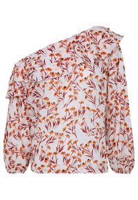 Blusa bianca con una spalla arricciata, caratterizzata da un motivo floreale arancione e rosso scuro. Maniche lunghe con polsini elasticizzati e tessuto testurizzato.