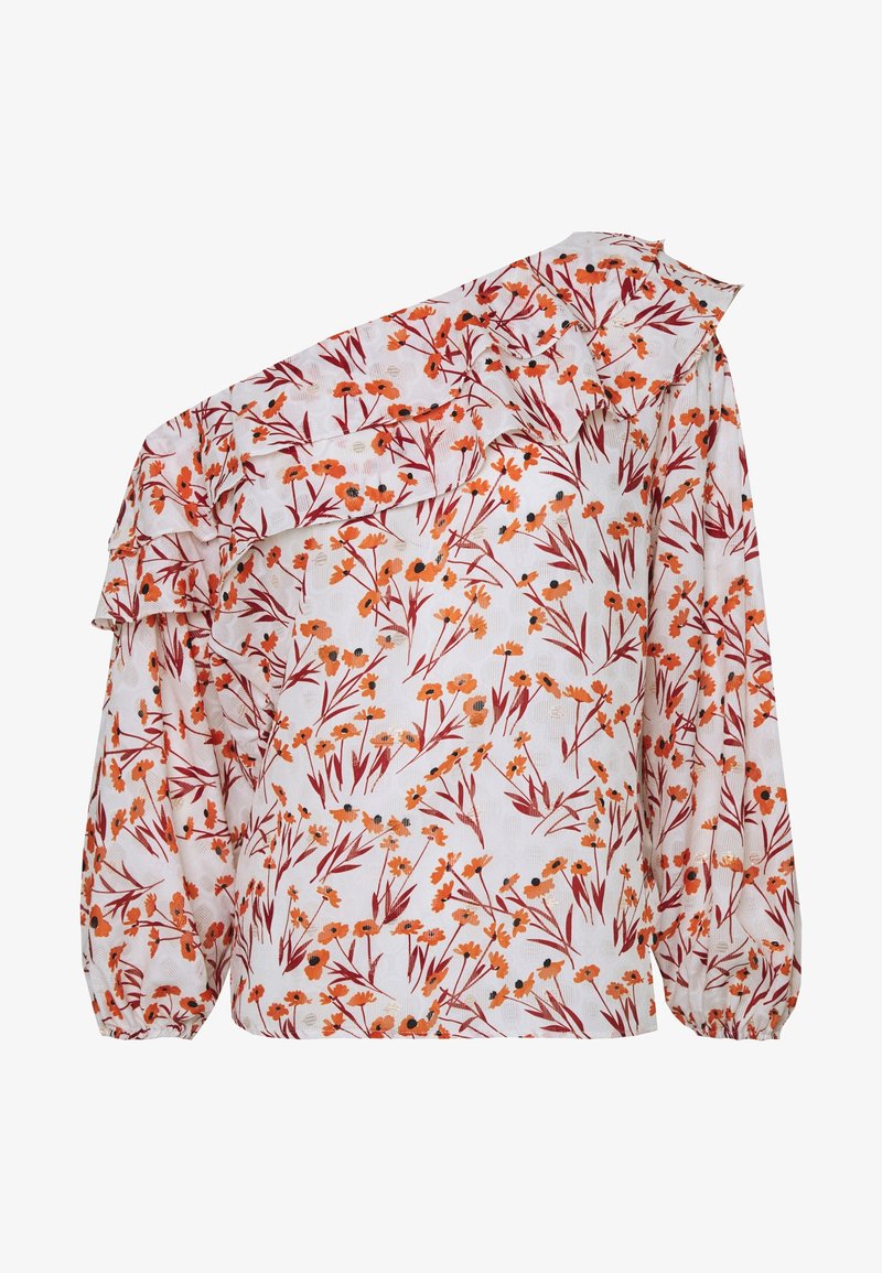 Blusa bianca con una spalla arricciata, caratterizzata da un motivo floreale arancione e rosso scuro. Maniche lunghe con polsini elasticizzati e tessuto testurizzato.