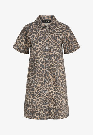 Leopardimustriga särgimekko, mis on valmistatud lühikeste varrukatega kangast, kaelusega, nööpidega ees ja kahe rinnataskuga. Muster on peamiselt neutraalsetes toonides.