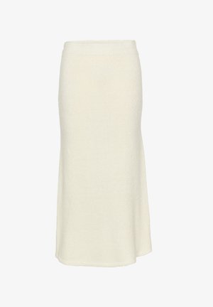 Kootud kreemjas midi seelik, tekstuuriga viimistlusega, ühtlaselt värvitud, sobiva vöökoha ja alt laieneva äärisega, pakkudes pehmet välimust.