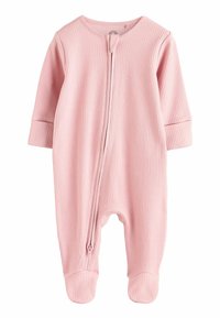 Bodysuit pour bébé à manches longues, en rose côtelé, doté d'une fermeture éclair à l'avant et de pieds fermés, conçu pour le confort et une habillage facile.