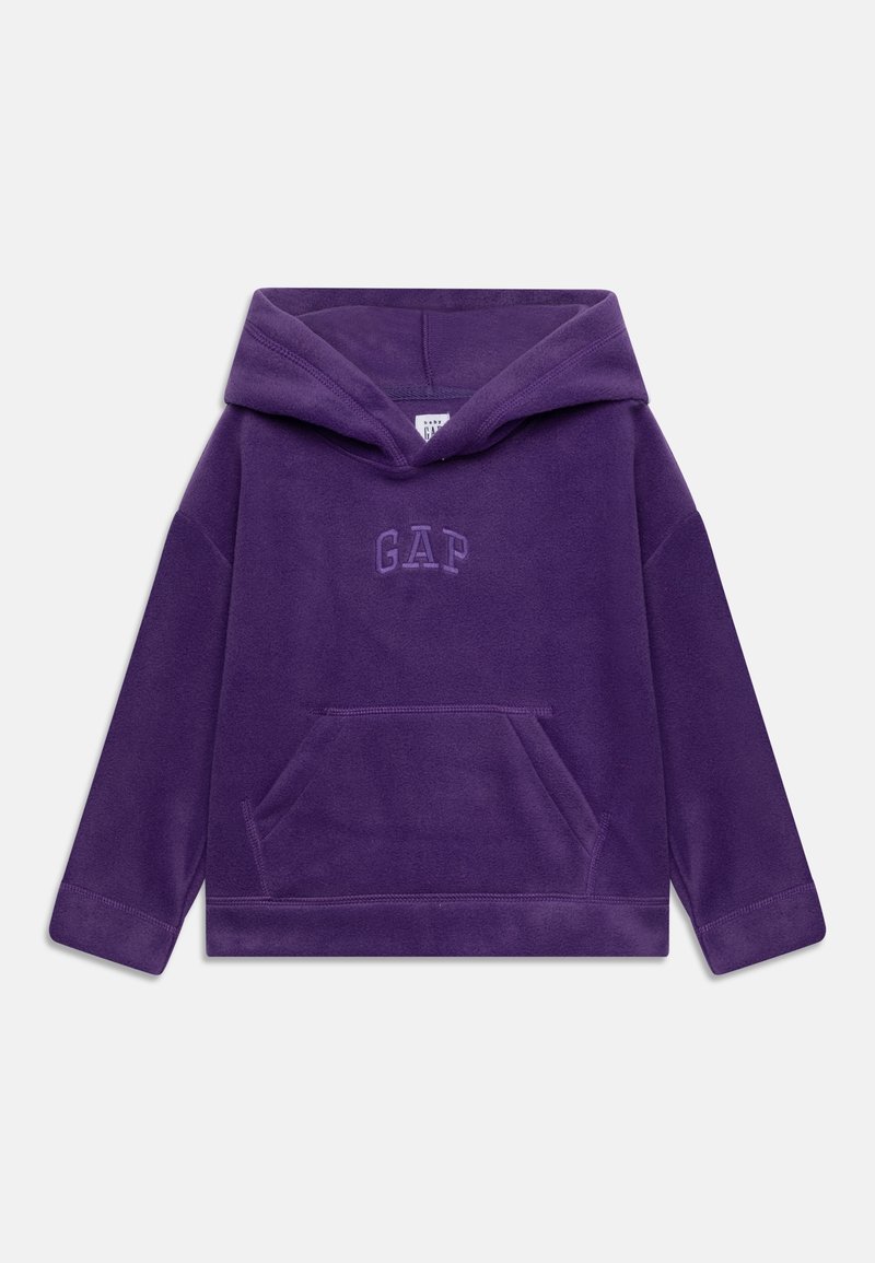 Sweat à capuche en polaire violet avec poche kangourou sur le devant et logo GAP embossé sur la poitrine, manches longues et grande capuche.