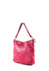 Pink leather handbag with a smooth texture, a zip closure, and a studded strap. Features a slouchy shape and metal hardware accents.