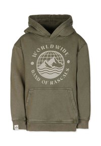 Olivgrön hoodie i mjukt material, med en ficka framtill och en emblematiskt grafisk design av berg och jordglob i ljus färg.