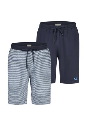 Zwei Paar Herren-Shorts mit Kordelzug, eines einfarbig dunkelblau mit kleinem blauem Text, das andere dunkelblau-weiß mit horizontalen Streifen.