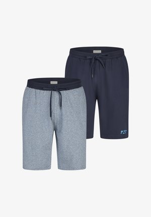 Deux pantalons courts pour hommes avec cordon de serrage, un uni bleu marine avec un petit texte bleu, l'autre bleu marine et blanc avec des rayures horizontales.