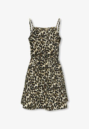 Leopardenmuster Kleid mit dünnen Trägern, elastischem Bund und schwingendem Rock. Gefertigt aus leichtem Stoff in Beige, Schwarz und Cremefarben.