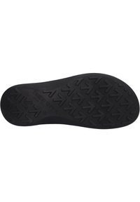 Suola di scarpa in gomma nera con un motivo testurizzato a forma di freccia, progettata per la trazione. Nome e logo del marchio impresso visibile.