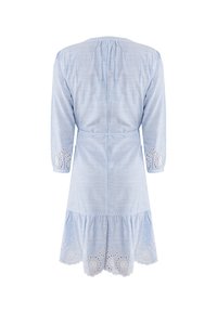 Abito a righe blu e bianche con maniche lunghe, un retro arricciato e un orlo scallop con intricati ricami a giorno nella parte inferiore.