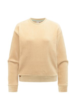 Beżowa bluza z długim rękawem z prążkowanego sztruksu, z okrągłym dekoltem oraz dopasowanymi mankietami i dołem.