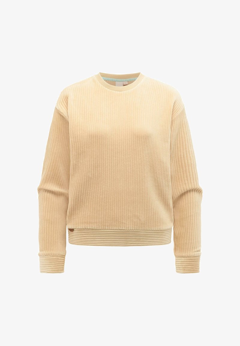 Beige langärmliges Sweatshirt aus geripptem Cord mit Rundhalsausschnitt sowie eng anliegenden Bündchen und Saum.