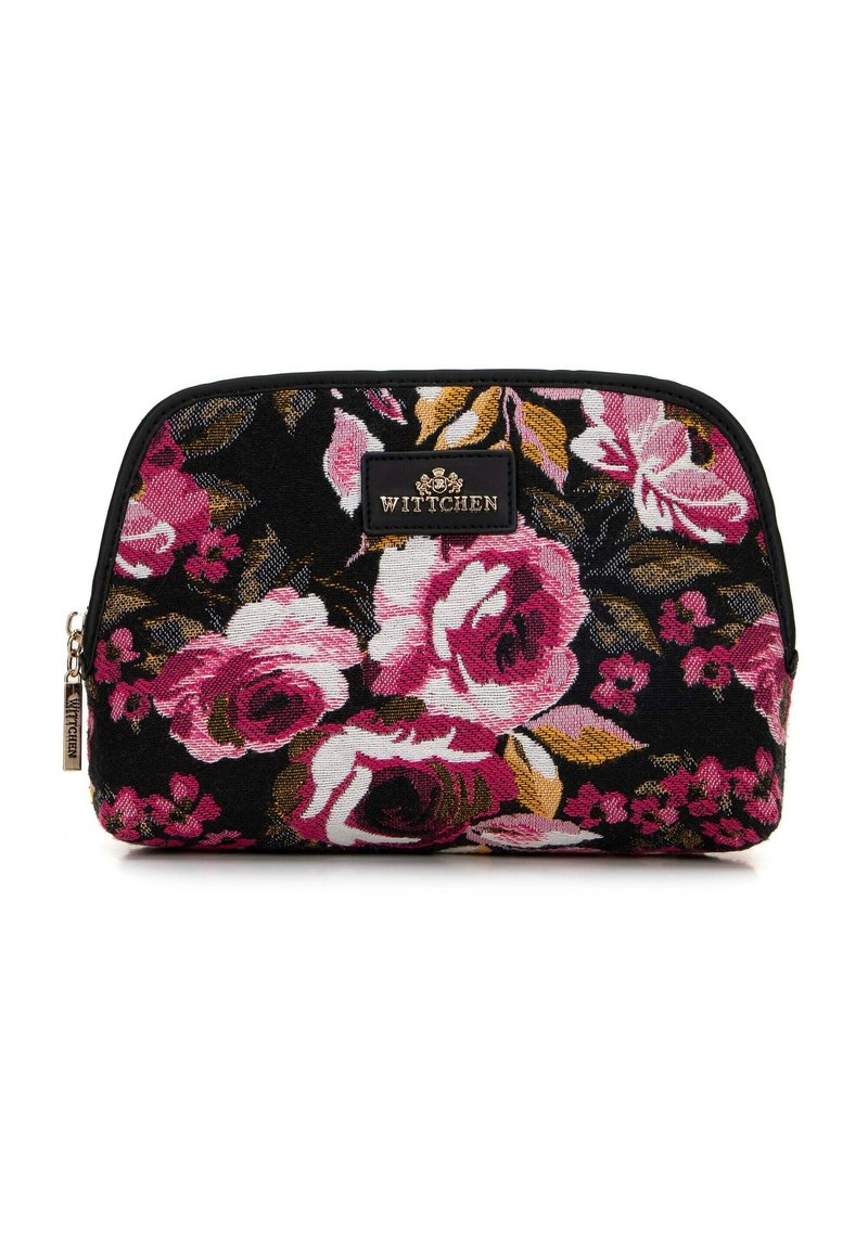 Bloemen toilettas met een zwarte stoffen basis, versierd met roze en gouden rozenpatronen; zwarte afwerking en WITTCHEN-logo op een metalen plaatje.