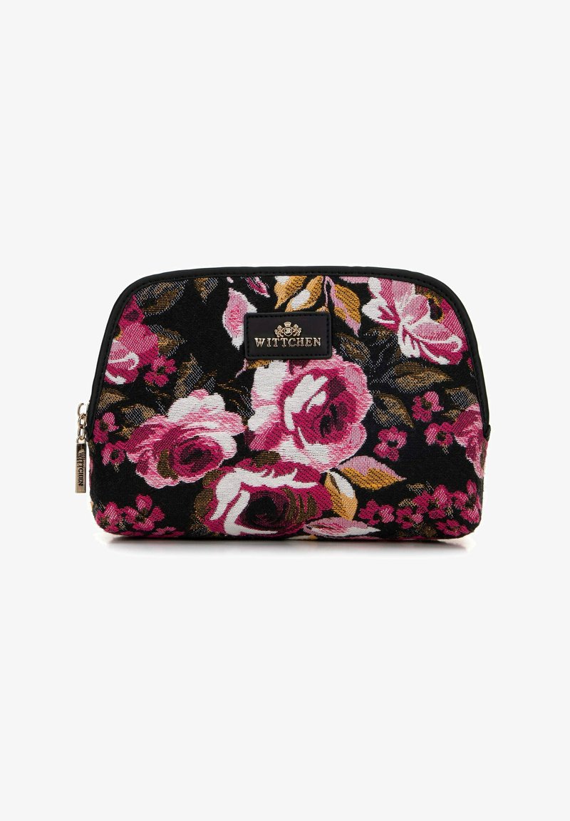 Bloemen toilettas met een zwarte stoffen basis, versierd met roze en gouden rozenpatronen; zwarte afwerking en WITTCHEN-logo op een metalen plaatje.