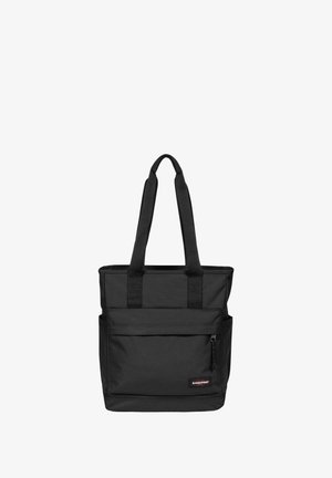 Sac cabas Eastpak noir avec deux longues anses et une poche avant zippée sur fond blanc.