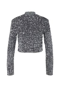 Graues, mit Pailletten besetztes, cropped Langarmoberteil mit hohem Kragen, ausgestattet mit einem Reißverschluss auf der Rückseite und einer strukturierten Oberfläche, die mit reflektierenden Pailletten bedeckt ist.