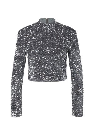 Grijze, met pailletten versierde, cropped longsleeve top met hoge hals, voorzien van een rits aan de achterkant en een textuurbedekking van reflecterende pailletten.