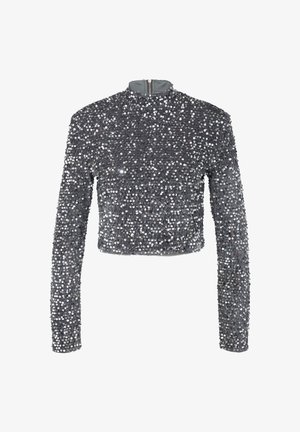 Grijze, met pailletten versierde, cropped longsleeve top met hoge hals, voorzien van een rits aan de achterkant en een textuurbedekking van reflecterende pailletten.