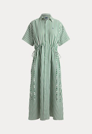 Grøn og hvid kortærmet midikjole med lodrette striber, krave, knappet forside og justerbare bindebånd i siden ved taljen.