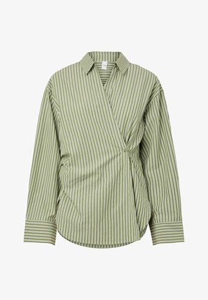 Žaliai baltos vertikalios dryžios, ilgomis rankovėmis palaidinė su užrišamu priekiu, apykakle, sagų užsegimu ir sagomis užsegamomis rankogaliais.