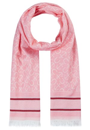 Écharpe rose clair avec motif ancre et fer à cheval blanc, finie avec des rayures rose foncé et des franges blanches aux extrémités.