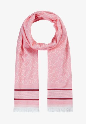 Écharpe rose clair avec motif ancre et fer à cheval blanc, finie avec des rayures rose foncé et des franges blanches aux extrémités.