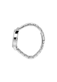 Orologio argento con cassa rettangolare, bracciale a maglie metalliche, finitura lucida e dettaglio del logo sul lato. Design elegante e scorrevole.