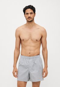 Shorts de bain rayés pour hommes en bleu clair et blanc, avec une taille élastique et une coupe mi-cuisse. Fabriqués en tissu léger.
