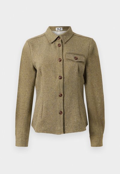 Brown herringbone button-up shirt with long sleeves, a collar, and a chest pocket. Features brown buttons and a tailored fit.