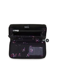 Portafoglio nero con motivo floreale all'interno; presenta un compartimento con cerniera, slot per carte e finestra per l'ID. Chiuso con una zip a giro.