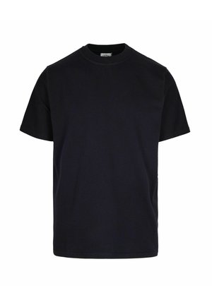 T-shirt nera in cotone con maniche corte, scollatura tonda, taglio dritto e texture liscia. Design semplice senza motivi o dettagli.
