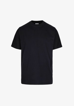 T-shirt nera in cotone con maniche corte, scollatura tonda, taglio dritto e texture liscia. Design semplice senza motivi o dettagli.
