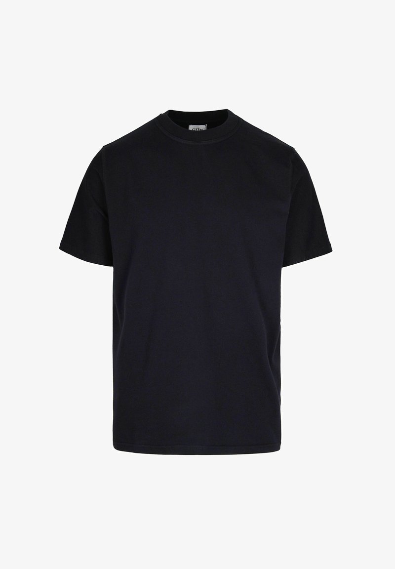 T-shirt nera in cotone con maniche corte, scollatura tonda, taglio dritto e texture liscia. Design semplice senza motivi o dettagli.