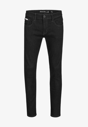 Black denim jeans with a slim fit, featuring five pockets, a zip fly, and stitching accents. Made from soft, stretchy fabric for comfort.