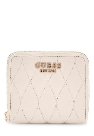 Portafoglio beige trapuntato con zip dorata e logo "GUESS EST 1981" in lettere dorate al centro anteriore.