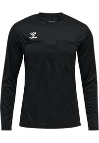Sort langærmet skjorte lavet af glat stof, med to brystlommer og en rund halsudskæring. Logoet er placeret i øverste venstre side.