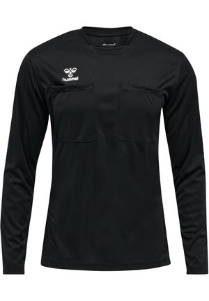 Schwarz longsleeve Shirt aus glattem Stoff, mit zwei Brusttaschen und einem runden Ausschnitt. Logo auf der oberen linken Seite angebracht.
