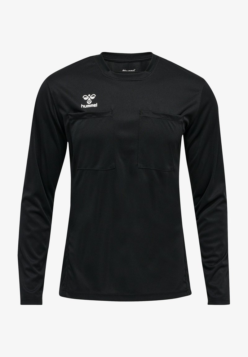Schwarz longsleeve Shirt aus glattem Stoff, mit zwei Brusttaschen und einem runden Ausschnitt. Logo auf der oberen linken Seite angebracht.