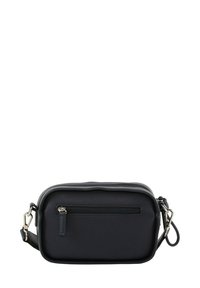 Borsa a tracolla nera realizzata in materiale testurizzato. Presenta una tasca anteriore con zip, tracolla regolabile e hardware in tono argento. Forma rettangolare compatta.