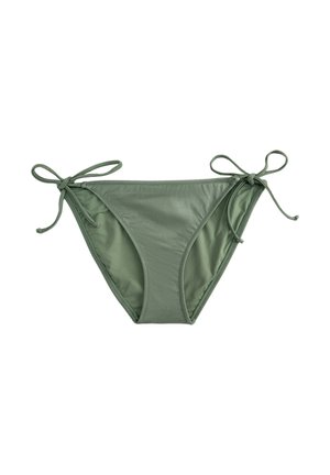 Olive green bikini w dół z regulowanymi sznureczkami po bokach, o gładkiej fakturze i klasycznym trójkątnym kształcie.