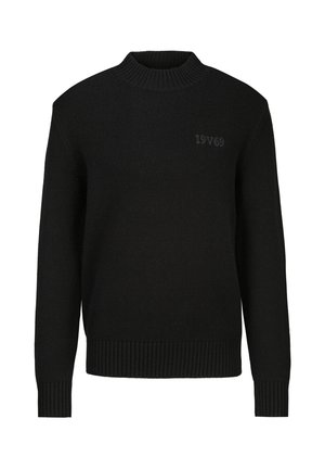 Schwarzer langärmeliger Strickpullover mit geripptem Kragen, Bündchen und Saum, mit dezentem Text "19V69" auf der oberen linken Brust.