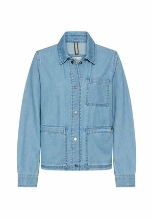 Veste en denim bleu clair à manches longues, fermeture à boutons pression, une poche poitrine et deux poches avant basses.