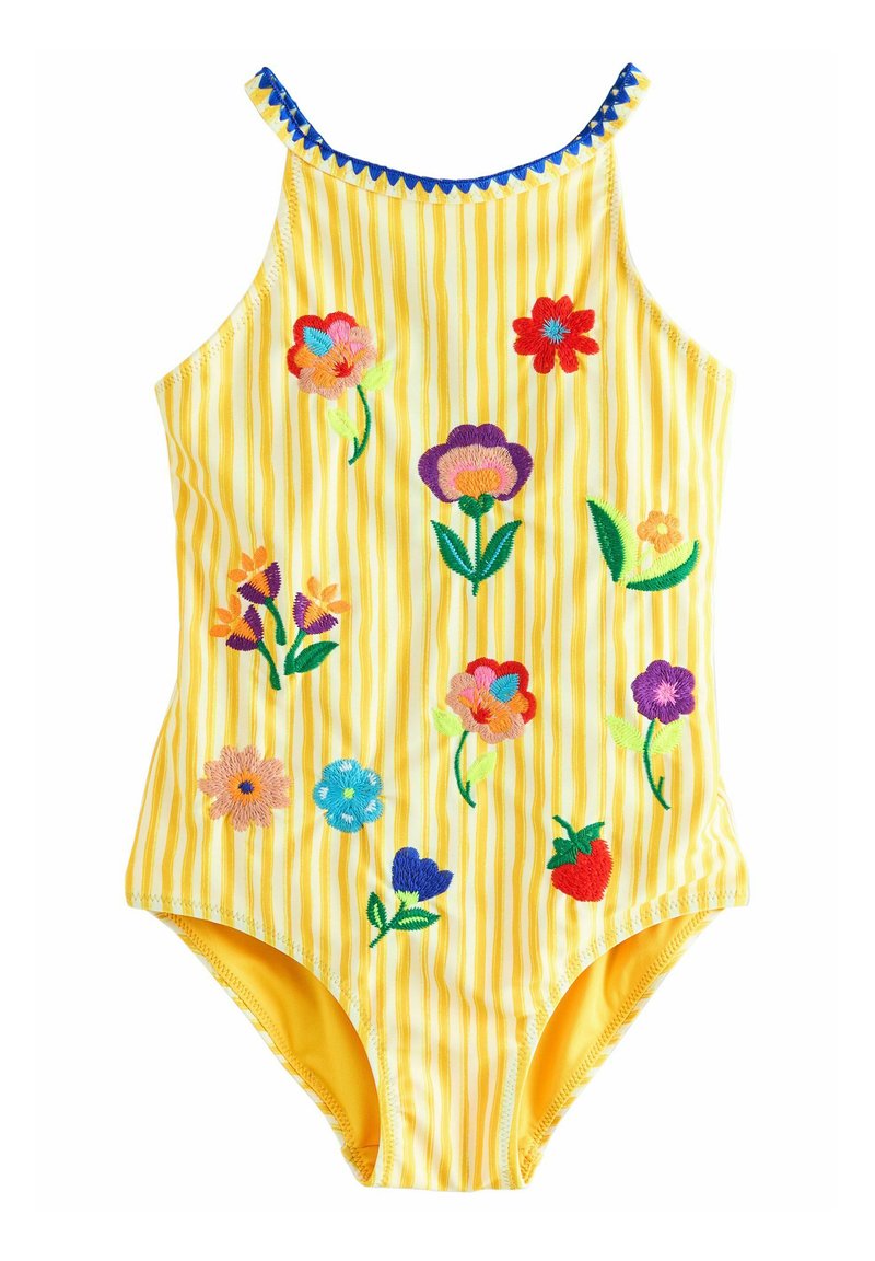 Gelb gestreifter Einteiler mit buntem Blumenstickerei und blauen Akzenten am Ausschnitt. Glatte Textur, ärmelloses Design.
