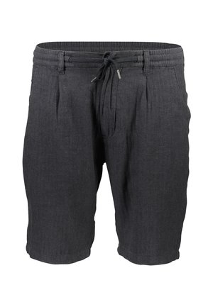 Shorts gris foncé à motif en chevron, fabriqués en tissu léger. Ils sont dotés d'une taille élastique avec un cordon de serrage et de deux poches latérales.