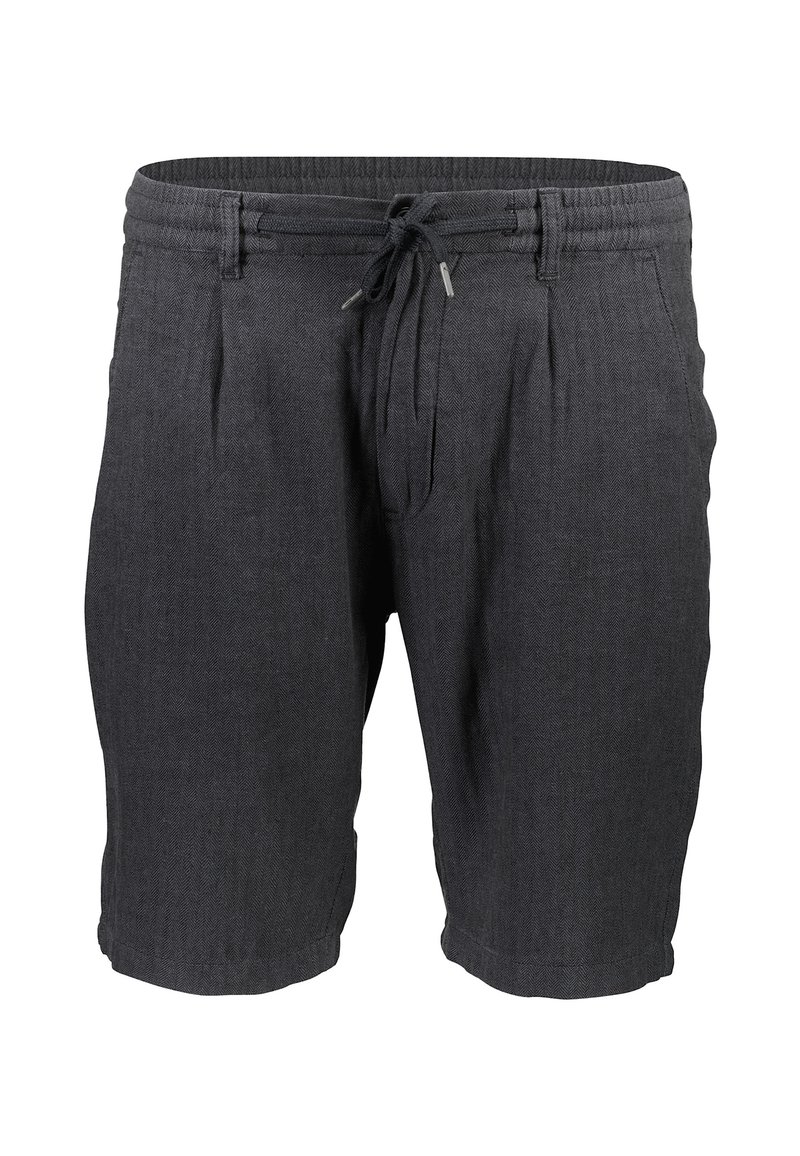 Shorts gris foncé à motif en chevron, fabriqués en tissu léger. Ils sont dotés d'une taille élastique avec un cordon de serrage et de deux poches latérales.