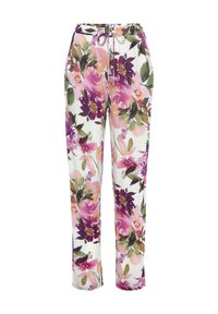 Blumen-Sweatpants mit weißem Hintergrund, die große rosa, lila und grüne Blumendesigns zeigen. Elastischer Bund mit Kordelzug.