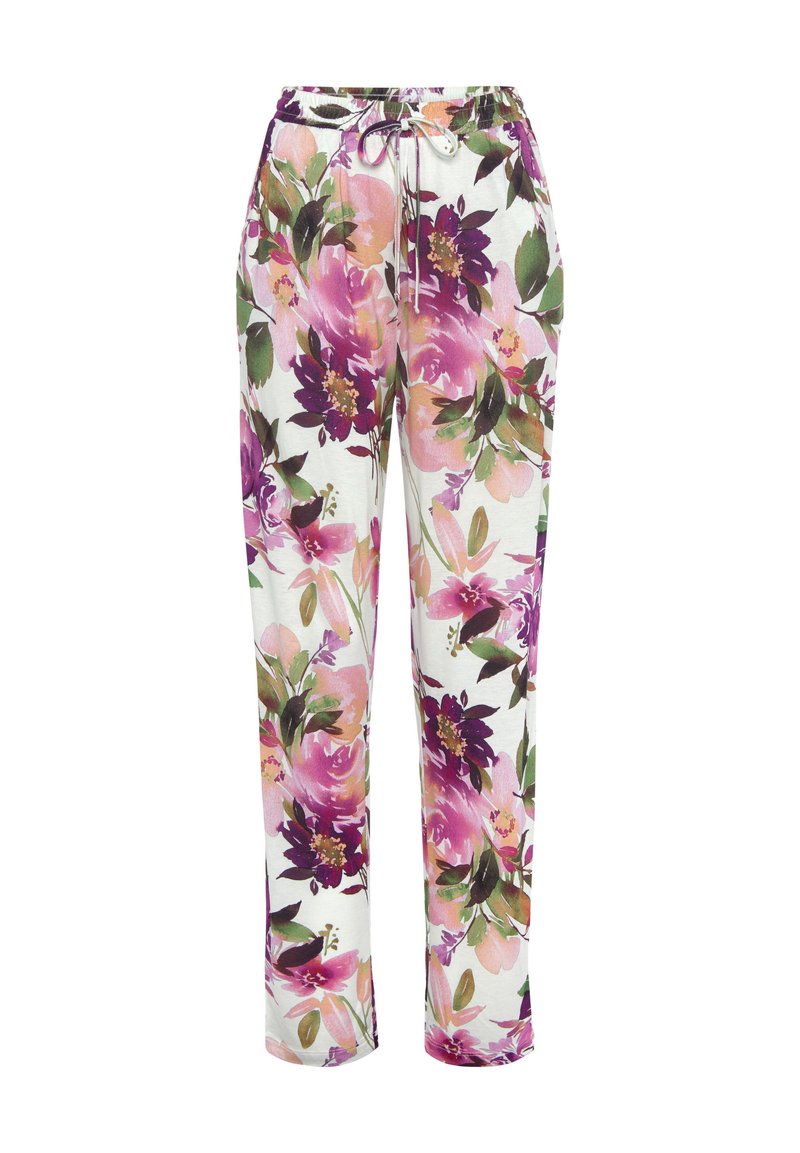 Blumen-Sweatpants mit weißem Hintergrund, die große rosa, lila und grüne Blumendesigns zeigen. Elastischer Bund mit Kordelzug.