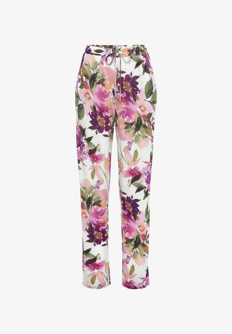 Blumen-Sweatpants mit weißem Hintergrund, die große rosa, lila und grüne Blumendesigns zeigen. Elastischer Bund mit Kordelzug.