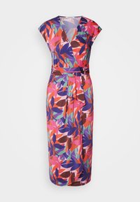Robe midi sans manches style portefeuille avec motif abstrait multicolore de feuilles en rose, orange, violet, vert et marron, avec une ceinture assortie.
