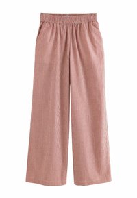 Pantaloni largi în carouri roșii și albe, cu talie elastică, caracterizați de o siluetă lejeră și o textură de țesătură ușoară.